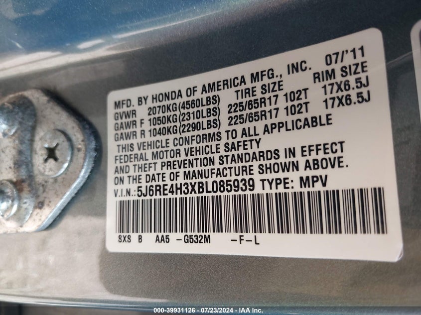 2011 HONDA CR-V VIN: 5J6RE4H3XBL085939
