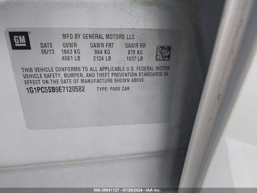 2014 Chevrolet Cruze Lt VIN: 1G1PC5SB9E7120582 Lot: 39931127