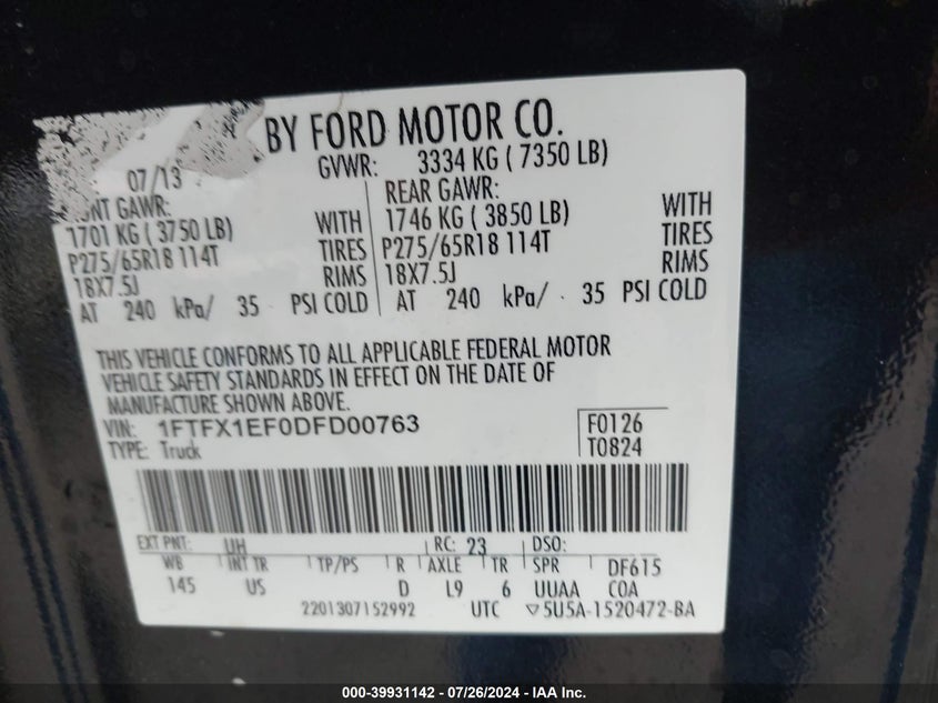 2013 Ford F-150 Xlt VIN: 1FTFX1EF0DFD00763 Lot: 39931142