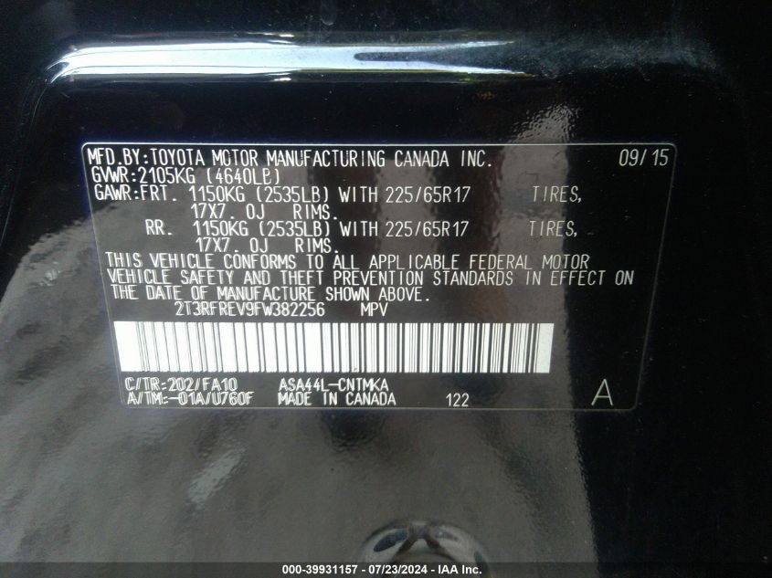 2015 Toyota Rav4 Xle VIN: 2T3RFREV9FW382256 Lot: 39931157