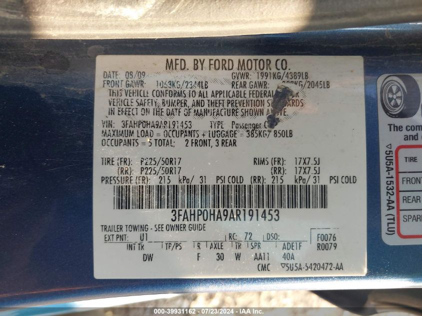 2010 Ford Fusion Se VIN: 3FAHP0HA9AR191453 Lot: 39931162