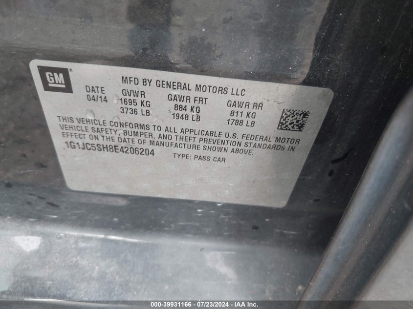 2014 Chevrolet Sonic Lt Auto VIN: 1G1JC5SH8E4206204 Lot: 39931166