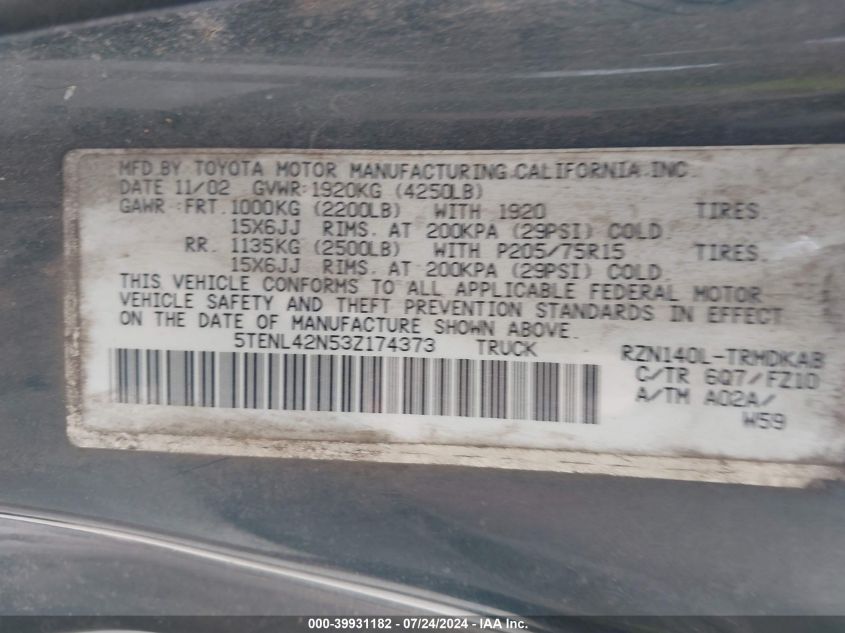 2003 Toyota Tacoma VIN: 5TENL42N53Z174373 Lot: 39931182
