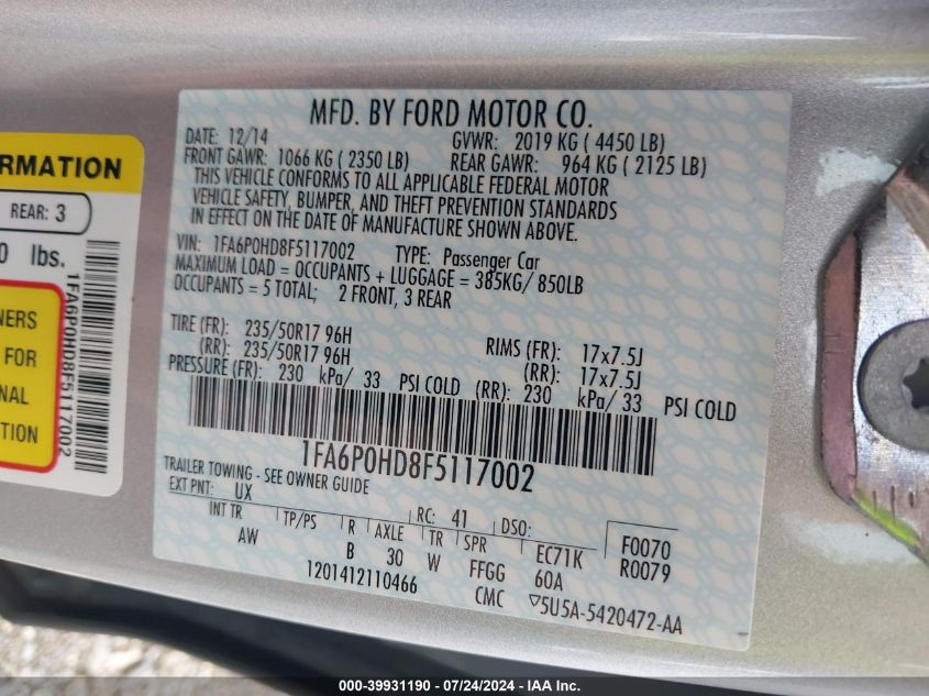 2015 Ford Fusion Se VIN: 1FA6P0HD8F5117002 Lot: 39931190