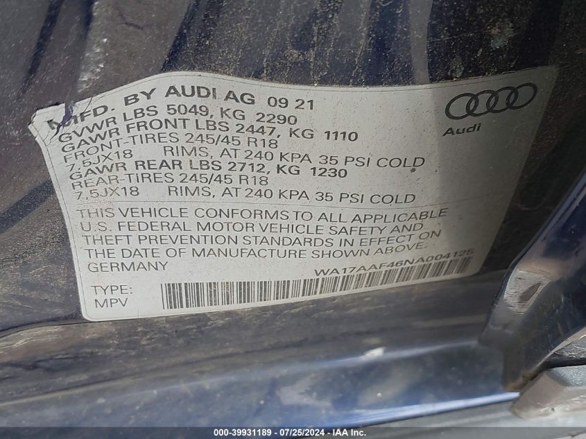 2022 Audi A4 Allroad Premium 45 Tfsi Quattro S Tronic VIN: WA17AAF46NA004125 Lot: 39931189