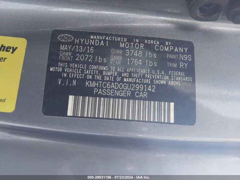 2016 Hyundai Veloster VIN: KMHTC6AD0GU299142 Lot: 39931196