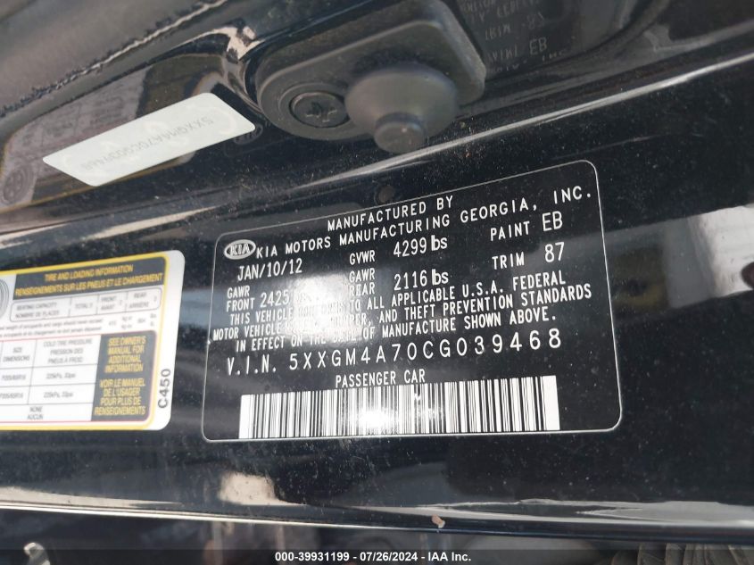 2012 Kia Optima Lx VIN: 5XXGM4A70CG039468 Lot: 39931199