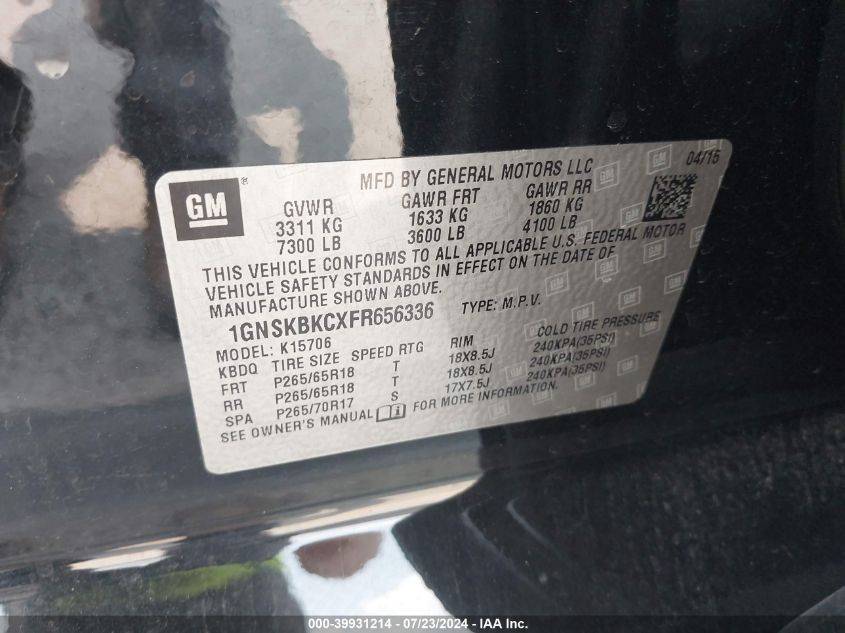 2015 Chevrolet Tahoe Lt VIN: 1GNSKBKCXFR656336 Lot: 39931214