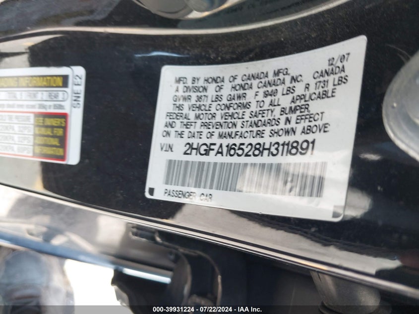 2008 Honda Civic Sdn Lx VIN: 2HGFA16528H311891 Lot: 39931224