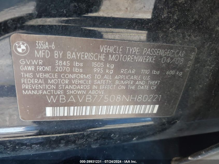 2008 BMW 335I VIN: WBAVB77508NH80221 Lot: 39931231