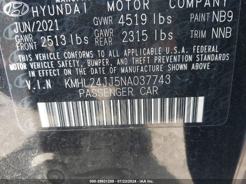 2022 Hyundai Sonata Hybrid Blue VIN: KMHL24JJ5NA037743 Lot: 39931258