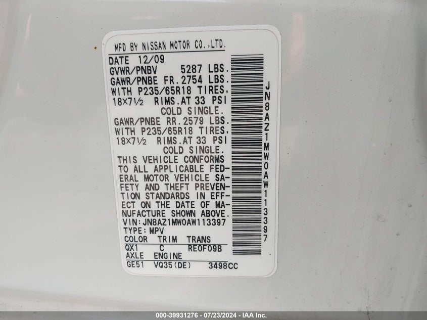 2010 Nissan Murano Sl VIN: JN8AZ1MW0AW113397 Lot: 39931276