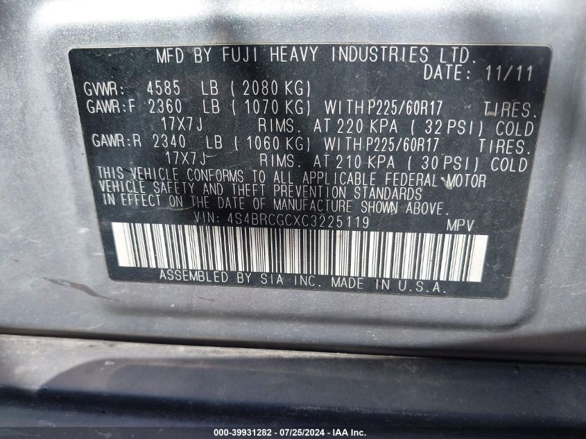 2012 Subaru Outback 2.5I Premium VIN: 4S4BRCGCXC3225119 Lot: 39931282