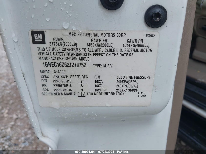 2002 Chevrolet Suburban 1500 Lt VIN: 1GNEC16Z62J270752 Lot: 39931291