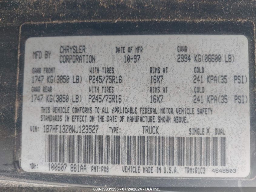 1998 Dodge Ram 1500 VIN: 1B7HF13Z0WJ123527 Lot: 39931295