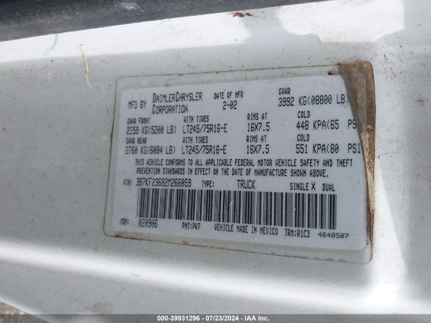 2002 Dodge Ram 2500 St VIN: 3B7KF23682M266059 Lot: 39931296