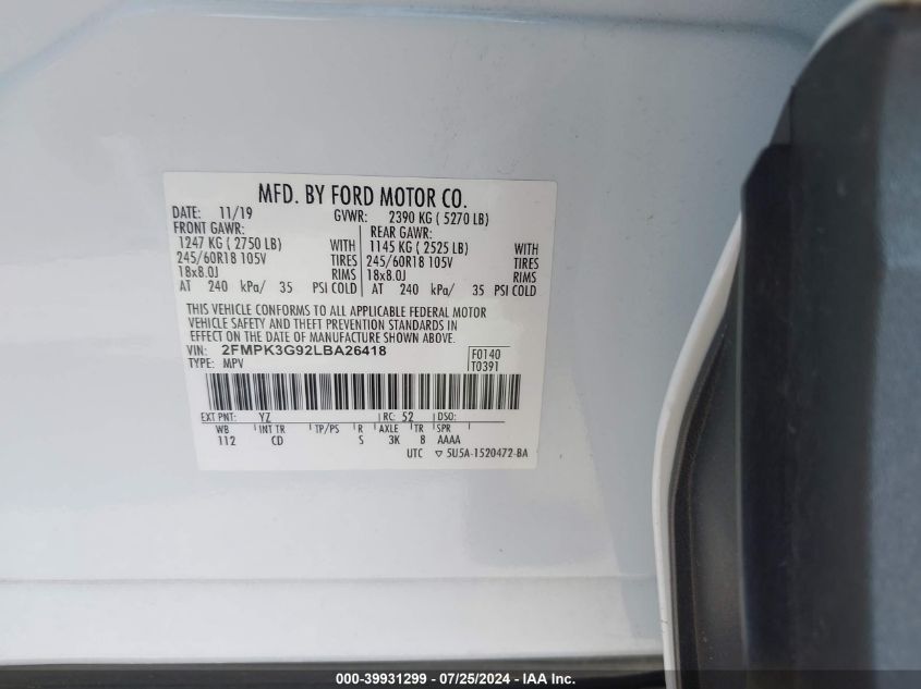 2020 FORD EDGE SE - 2FMPK3G92LBA26418