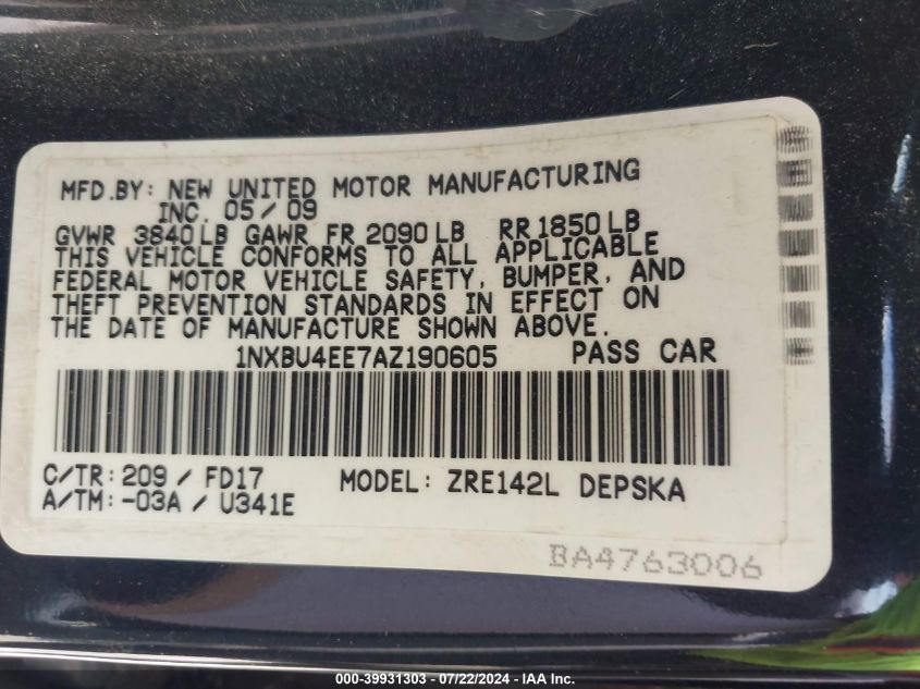 2010 Toyota Corolla S VIN: 1NXBU4EE7AZ190605 Lot: 39931303