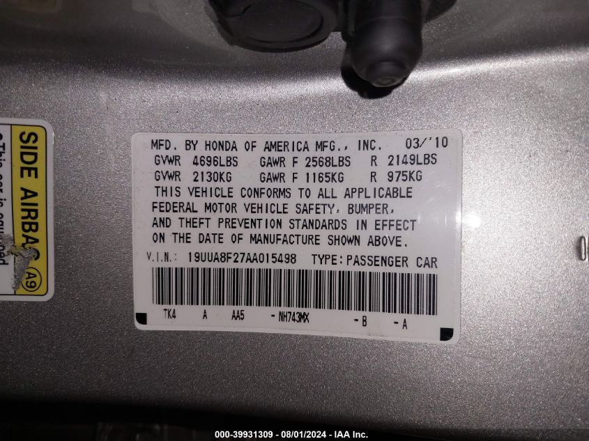 19UUA8F27AA015498 2010 Acura Tl 3.5