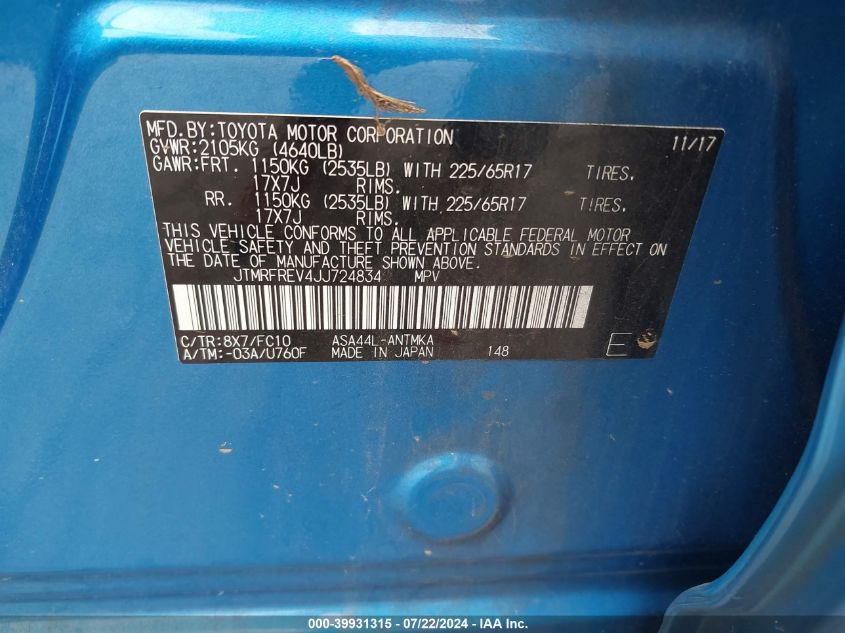2018 Toyota Rav4 Xle VIN: JTMRFREV4JJ724834 Lot: 39931315