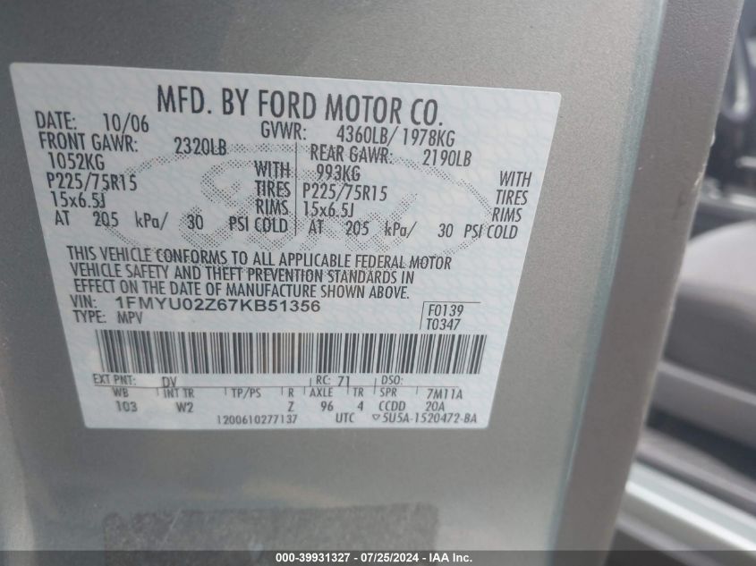 2007 Ford Escape Xls/Xls Manual VIN: 1FMYU02Z67KB51356 Lot: 39931327