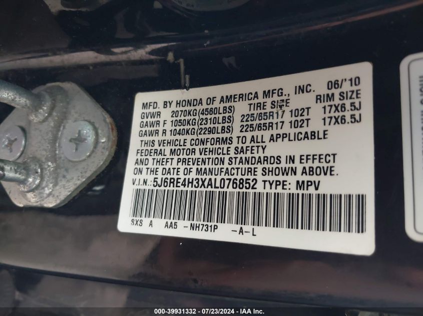 2010 Honda Cr-V Lx VIN: 5J6RE4H3XAL076852 Lot: 39931332