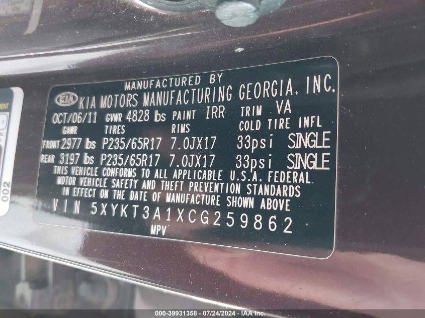 2012 Kia Sorento Lx VIN: 5XYKT3A1XCG259862 Lot: 39931358