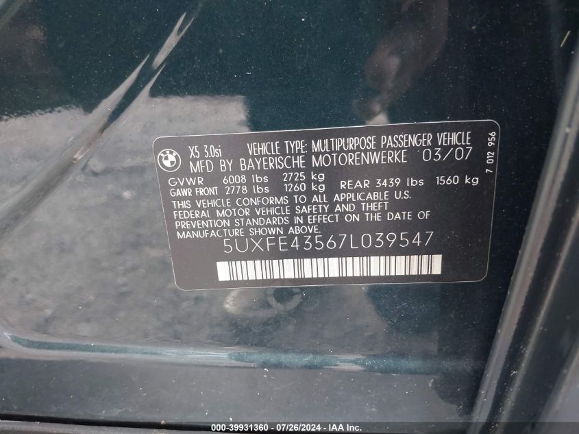2007 BMW X5 3.0I VIN: 5UXFE43567L039547 Lot: 39931360