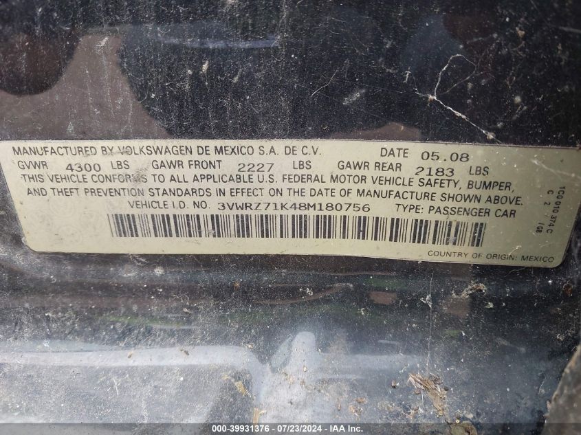 2008 Volkswagen Jetta Se/Sel VIN: 3VWRZ71K48M180756 Lot: 39931376