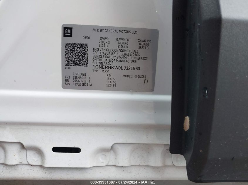 2020 Chevrolet Traverse Lt VIN: 1GNERHKW0LJ321960 Lot: 39931387