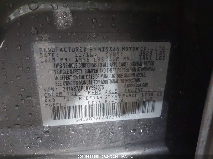 2017 Nissan Sentra S VIN: 3N1AB7AP8HY234975 Lot: 39931388