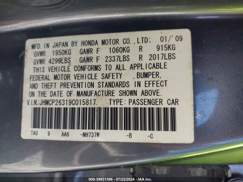 2009 Honda Accord 2.4 Lx VIN: JHMCP26319C015817 Lot: 39931396