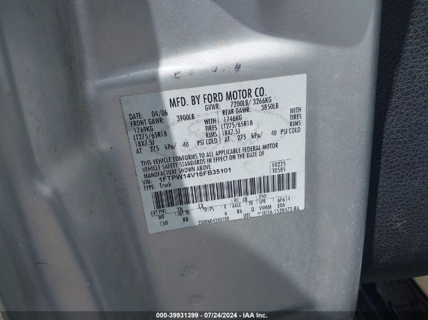 2006 Ford F-150 Fx4/Lariat/Xlt VIN: 1FTPW14V16FB35101 Lot: 39931399