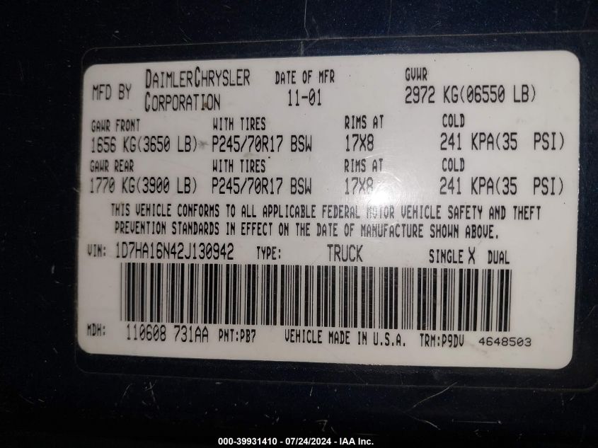 2002 Dodge Ram 1500 St VIN: 1D7HA16N42J130942 Lot: 39931410