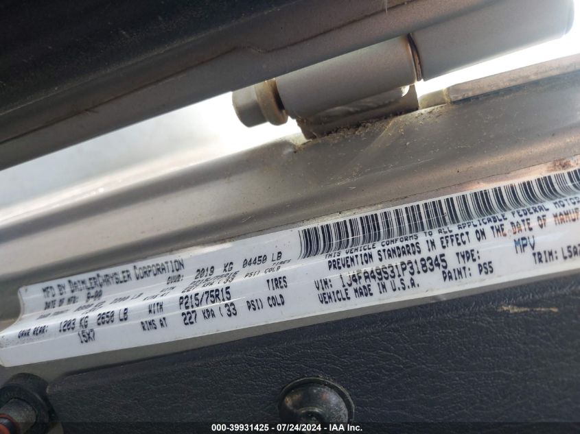 2001 Jeep Wrangler Sport VIN: 1J4FA49S31P318345 Lot: 39931425