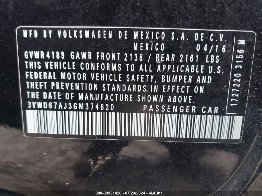 2016 Volkswagen Jetta 1.4T Se VIN: 3VWD67AJ3GM374820 Lot: 39931428