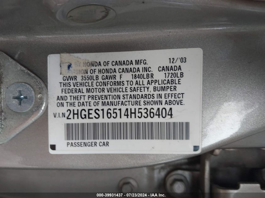 2004 Honda Civic Lx VIN: 2HGES16514H536404 Lot: 39931437
