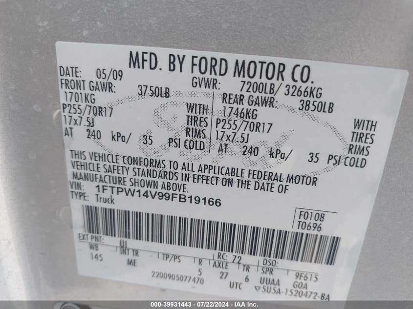 2009 Ford F-150 Xlt VIN: 1FTPW14V99FB19166 Lot: 39931443