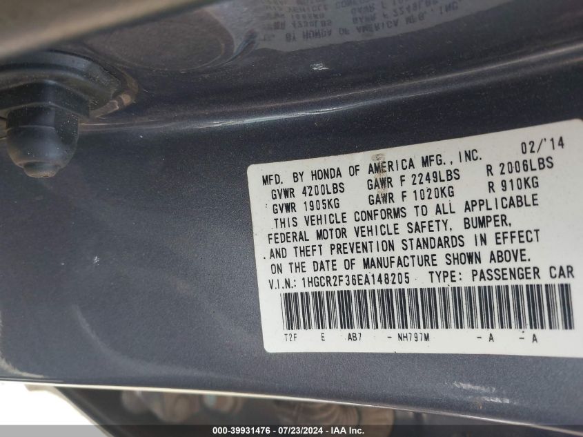 1HGCR2F36EA148205 2014 Honda Accord Lx