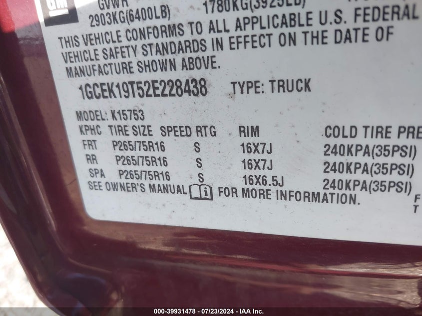 2002 Chevrolet Silverado K1500 VIN: 1GCEK19T52E228438 Lot: 39931478