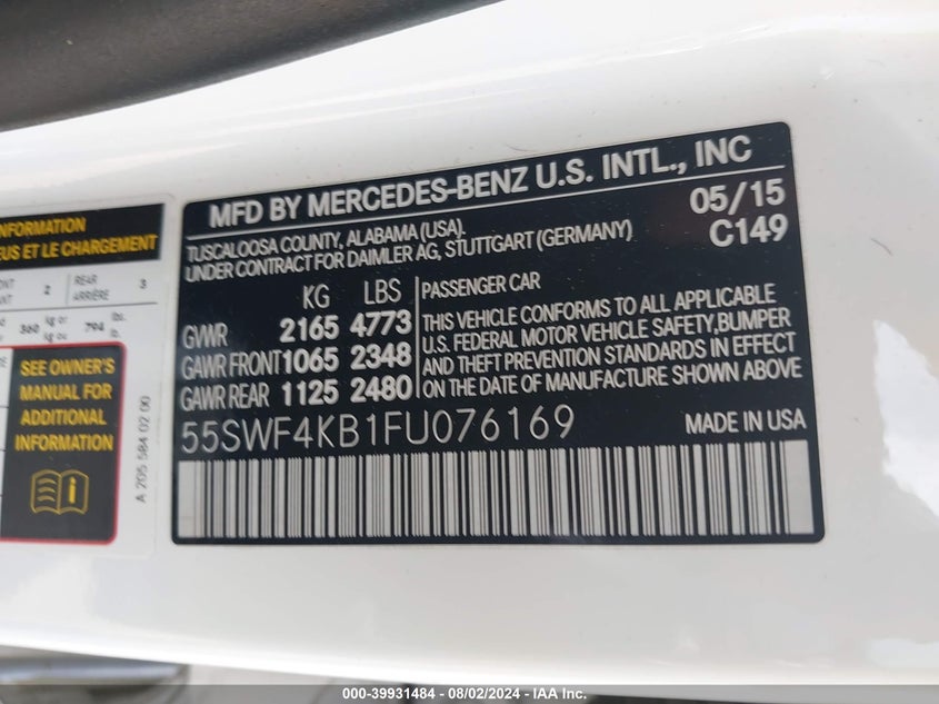 2015 Mercedes-Benz C 300 4Matic/Luxury 4Matic/Sport 4Matic VIN: 55SWF4KB1FU076169 Lot: 39931484