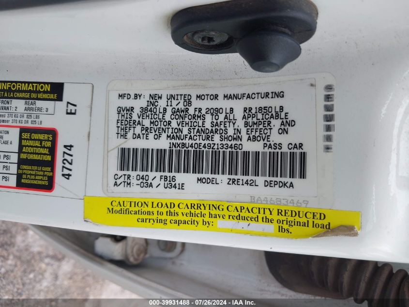 2009 Toyota Corolla Le VIN: 1NXBU40E49Z133460 Lot: 39931488