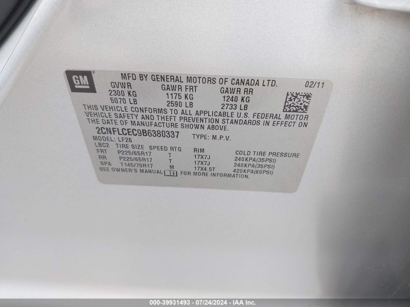 2011 Chevrolet Equinox Ls VIN: 2CNFLCEC9B6380337 Lot: 39931493