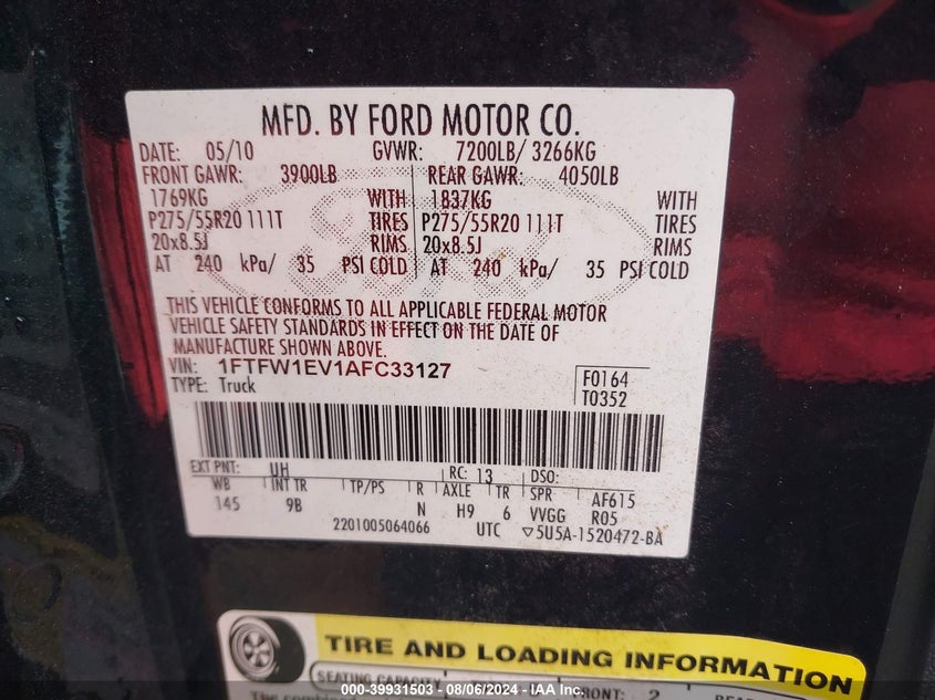 2010 Ford F-150 Fx4/Harley-Davidson/King Ranch/Lariat/Platinum/Xl/Xlt VIN: 1FTFW1EV1AFC33127 Lot: 39931503