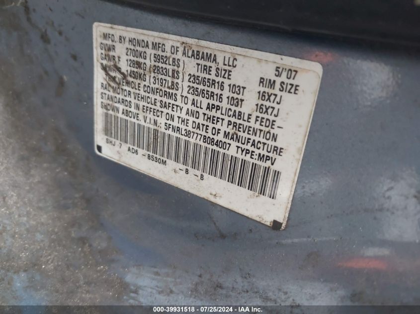 2007 Honda Odyssey Ex-L VIN: 5FNRL38777B084007 Lot: 39931518