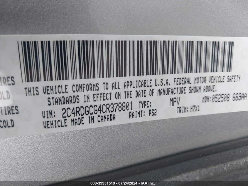 2012 Dodge Grand Caravan Sxt VIN: 2C4RDGCG4CR378801 Lot: 39931519