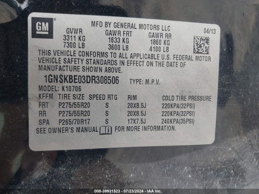 2013 Chevrolet Tahoe Lt VIN: 1GNSKBE03DR308506 Lot: 39931523