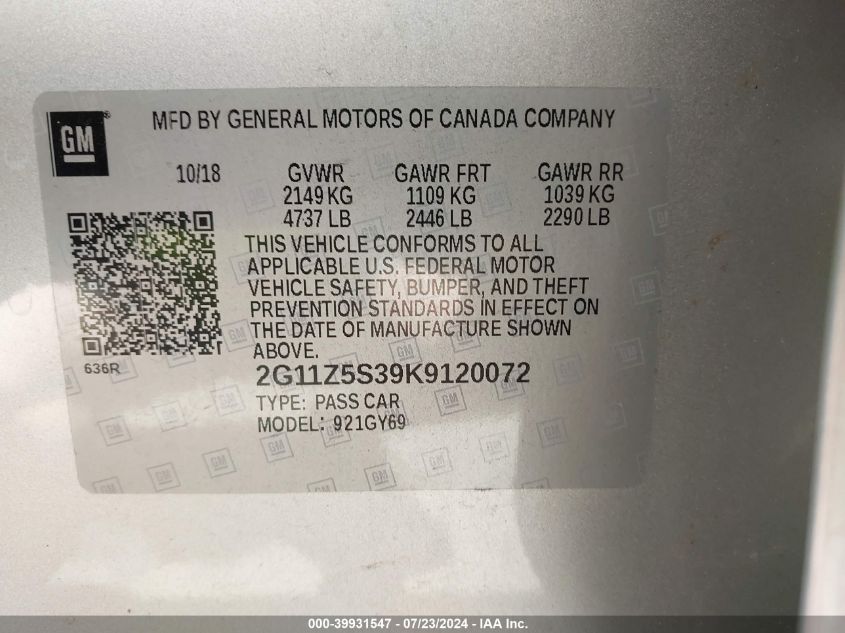 2019 Chevrolet Impala Lt VIN: 2G11Z5S39K9120072 Lot: 39931547