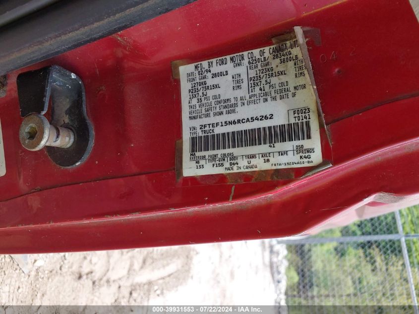 1994 Ford F150 VIN: 2FTEF15N6RCA54262 Lot: 39931553