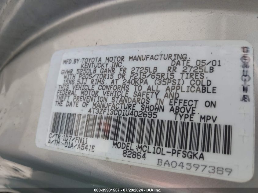 2001 Toyota Sienna Le/Xle VIN: 4T3ZF13C01U402695 Lot: 39931557